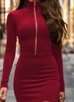 Kadın Uzun Kollu Balıkçı Yaka Yakadan Göğüse Kadar Fermuar Detaylı Mini Kadife Elbise - Görsel 3