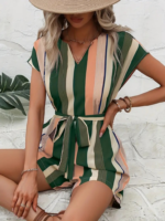 Kadın Kısa Kollu V Yakalı Beli Kuşaklı Keten Tulum - Görsel 3