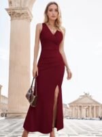 Kadın Ip Askılı Kruvaze Yakalı Yırtmaçlı Uzun Ithal Krep Elbise - Görsel 5