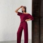 Kadın İsa Kollu Kayık Yaka Bluz Ve Pantolon Misal Kumaş Ikili Takım