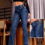 Kadın Yüksek Bel Yanları Lastik önü Düğmeli Kot Pantolon