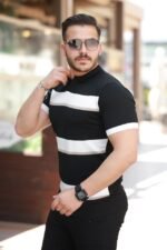 Erkek şerit Desenli Hemşire Yaka Kısa Kollu Tişört - Görsel 2