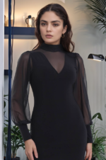 Kadın Balıkçı Yaka Transparan Detay Fırsat ürün Sandy Kumaş Mini Elbise - Görsel 12