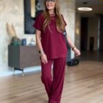 Kadın Kısa Kollu Bisiklet Yaka Viskon Iki Iplik Bluz Ve Pantolon Ikili Takım