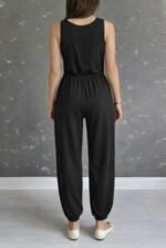 Kadın Askılı Yuvarlak Yakalı Cepli Viskon Tulum - Görsel 4