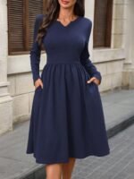 Kadın Uzun Kollu V Yakalı Cepli Midi Ithal Krep Elbise - Görsel 2