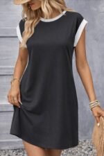 Kadın Kısa Kollu Yuvarlak Yakalı Kontrast Manset Detaylı Kısa Janjan Krep Elbise - Görsel 3