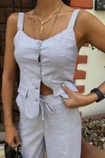 Kalın Askılı Bluz Pantolon Keten Takım 10187 - Görsel 3