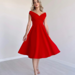 Kadın Kısa Kollu Kruvaze Yaka Eteği Volanlı Krep Elbise