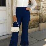 Kadın Yüksek Bel Paçaya Doğru Genişleyen Lazer çiçek Kesim Detaylı Ithal Krep Pantolon