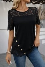 Kadın Kısa Kollu Dantel Detaylı Yandan Düğmeli Waffle Bluz - Görsel 3