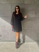 Kadın Uzun Kollu Yuvarlak Yaka Kol Ve Etek Ucu Dantelli Kısa Ithal Krep Elbise - Görsel 3