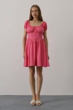 Beli Korseli Mini Elbise - Fuşya - Görsel 2