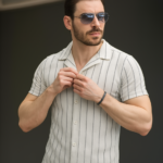 Erkek Kısa Kollu Gri çizgi Desenli örme Kumaş Pamuklu Gömlek - Görsel 2