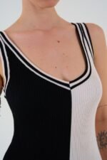 İki Renki Kolsuz Elbise - Siyah-Krem - Görsel 4