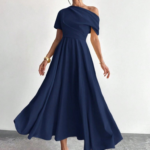 Kadın Omuzdan Açık Kısa Kollu Omuzdan Pileli Uzun Janjan Krep Elbise