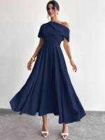 Kadın Omuzdan Açık Kısa Kollu Omuzdan Pileli Uzun Janjan Krep Elbise