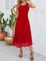 Kadın Kolsuz Etek Ucu Lazer Kesim çiçek Desenli Midi Boy Ithal Krep Elbise - Görsel 3