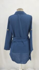 Kadın Uzun Kollu Yakalı önden Düğmeli Beli Kuşaklı Mini Ithal Keten Elbise - Görsel 5