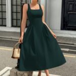 Kadın Askılı Kare Yakalı Uzun Ithal Krep Elbise