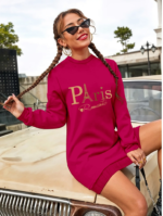 Kadın Uzun Kollu Bisiklet Yaka Yazılı Kısa Viskon Iki Iplik Elbise - Görsel 3