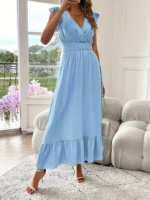 Kadın Kısa Kollu Kruvaze Yakalı Beli Lastikli Müslim Elbise - Görsel 4