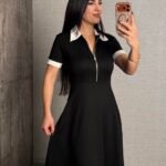 Kadın Polo Yaka Fermuar Detaylı Modal Midi Elbise