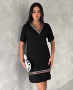 Kadın Kısa Kollu V Yakalı Etnik Desen şerit Detaylı Viskon Elbise - Görsel 9