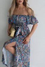 Kadın Kısa Kollu Madonna Yaka Fırfırlı Belden Yırtmaçlı Maksi Süprem Elbise - Görsel 9