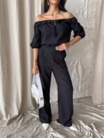 KETEN MADONNA YAKA KOL HASIR ŞERİT - PANTOLON TAKIM - Siyah - Görsel 4