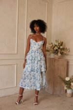 Kadın Sıfır Kol Askılı Dekolteli Yırtmaç Detay çiçek Baskılı Süprem Midi Elbise - Görsel 6