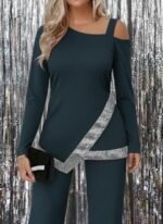 Kadın Tek Omuzdan Açık Uzun Kollu önü Pulpayet Ithal Krep Bluz Ve Pantolon - Görsel 2