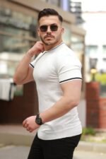 Erkek Bisiklet Yaka çizgi Desenli Ribanalı Kısa Kollu Tshirt - Görsel 2