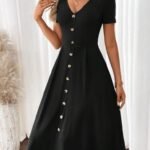 Kadın Kısa Kollu V Yakalı önden Düğmeli A Kesim Dokuma Elbise