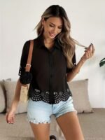 Kadın Kısa Kollu Yakalı önden Düğmeli Dubai Gömlek Bluz - Görsel 5