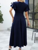 Kadın Kısa Kollu Kruvaze Yakalı ön Asimetrik Volanlı Uzun Ithal Krep Elbise - Görsel 2