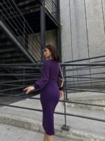 Kadın Kruvaze Yaka Balon Kol Simli Krep Kumaş Midi Boy Elbise - Görsel 4