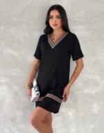 Kadın Kısa Kollu V Yakalı Etnik Desen şerit Detaylı Viskon Elbise - Görsel 10