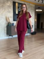 Kadın Kısa Kollu Bisiklet Yaka Viskon Iki Iplik Bluz Ve Pantolon Ikili Takım - Görsel 4