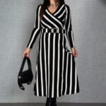 Kadın Uzun Kollu Kruvaze Yaka Kemer Dahil çizgili Triko Elbise