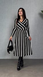 Kadın Uzun Kollu Kruvaze Yaka Kemer Dahil çizgili Triko Elbise