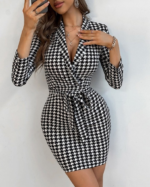 Kadın Uzun Kollu Kruvaze Yaka Bağlamalı Kemer Dalgıç Mini Boy Elbise - Görsel 7