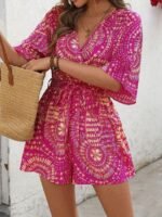 Kadın Kısa Kollu Kruvaze Yakalı Belden Kuşaklı Desenli Kısa Süprem Tulum - Görsel 4