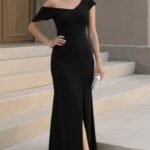 Kadın Tek Omzu Açık Kısa Kollu önden Yırtmaçlı Uzun Ithal Krep Elbise