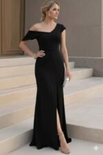 Kadın Tek Omzu Açık Kısa Kollu önden Yırtmaçlı Uzun Ithal Krep Elbise