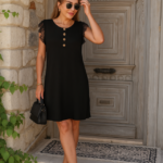 Kadın Kısa Dantel Kollu önden Düğmeli Viskon Elbise