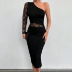 Kadın Siyah Tek Kol Dantel Detay Omuz Dekolte Krep Elbise - Görsel 20