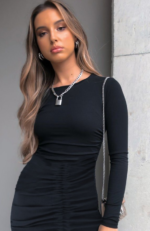 Kadın Uzun Kollu Bisiklet Yaka ön Büzgülü Kaşkorse Elbise - Görsel 3