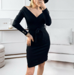 Kadın Uzun Kollu Kruvaze Yaka Bağcık Detay Akrilik Mini Boy Elbise - Görsel 6