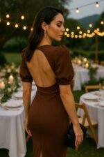 Kadın V Yaka Önü Düğmeli Sırt Pencere Dekolte Elbise - Görsel 2